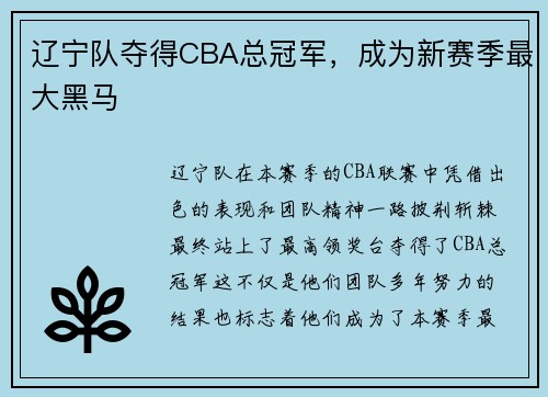 辽宁队夺得CBA总冠军，成为新赛季最大黑马